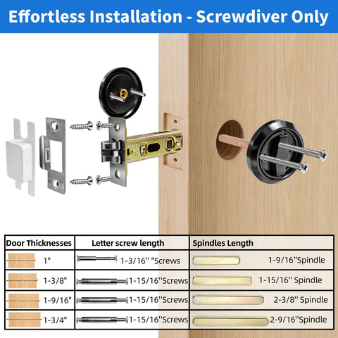 Exploded view of round low profile door knob with hidden recessed cup lock, showing installation for various door thicknesses.