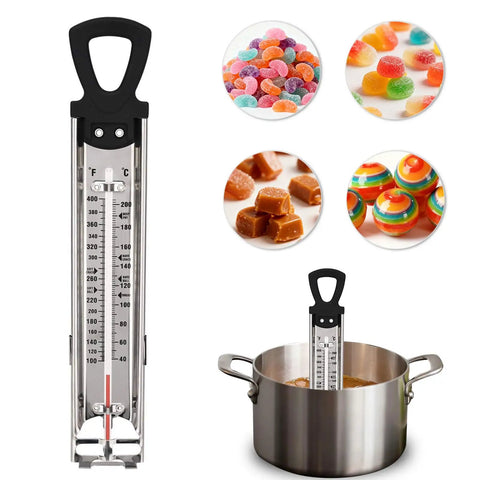 Stainless Steel Candy and Deep Fry Thermometer with Pot Clip and Handle, Analog Sugar Thermometer in pot with candy images