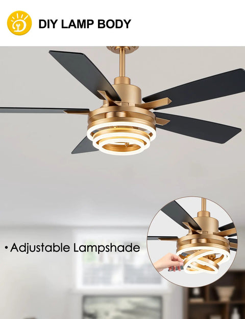 52 Inch Ceiling Fan With Light Gold Chandelier, DC Motor, Dimmable LED, shown with adjustable lampshade and black blades