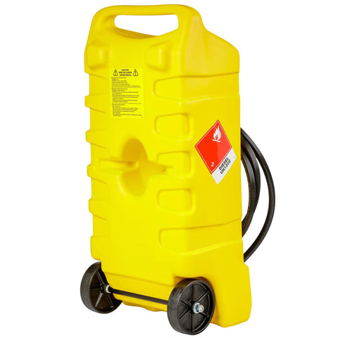 Duramax 14 Gallon Wheeled Diesel Fuel Transfer Tank with Spout Pump Yellow Portable Rolling Container with black wheels and 10-foot hose