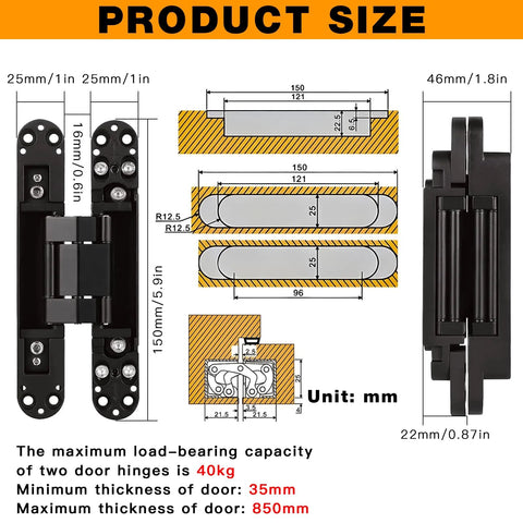 Diagram of Hidden Door Hinges Pack Of 2, 6 Inch, Upgraded Invisible Concealed Hinge System, Heavy Duty 180 Degree Out Swing, 3D Adjustable