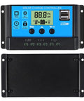 Front and back view of Two Pack 30A Solar Charge Controller For 12V/24V Systems With Dual USB 5V 2.5A Output, LCD Display.
