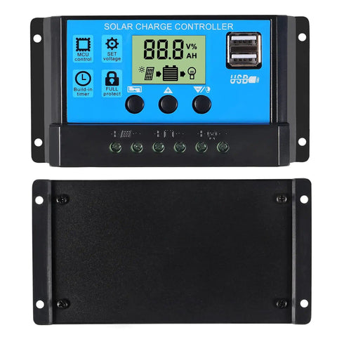 Front and back view of Two Pack 30A Solar Charge Controller For 12V/24V Systems With Dual USB 5V 2.5A Output, LCD Display.