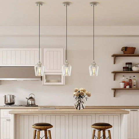 Brushed Nickel Pendant Light For Kitchen Island With Adjustable Height And Clear Glass Shade Modern Hanging Pendant Lighting For Kitchen Hallway And Bedroom Sleek Dope Look For Any Space over a kitchen island