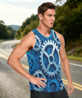 Men's Mechanical Gears Blue Muscle Tank Top Breathable Mesh Workout Shirt With Zipper Pocket Lightweight Moisture Wicking Gym Running Tee Grind Mode Activated Now worn by a man standing on a road.