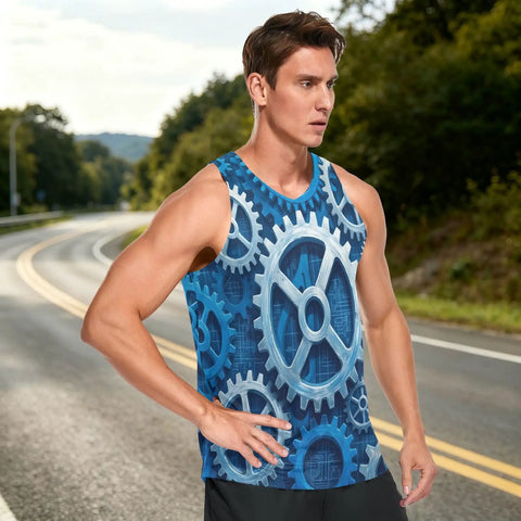 Men's Mechanical Gears Blue Muscle Tank Top Breathable Mesh Workout Shirt With Zipper Pocket Lightweight Moisture Wicking Gym Running Tee Grind Mode Activated Now worn by a man standing on a road.
