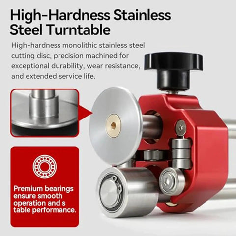 Close-up of red and silver stainless steel turntable showing bearings and cutting disc