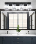 Black Bathroom Vanity Light Fixture With Crystal Accents above bathroom mirrors with sleek modern 4-light wall sconce design.