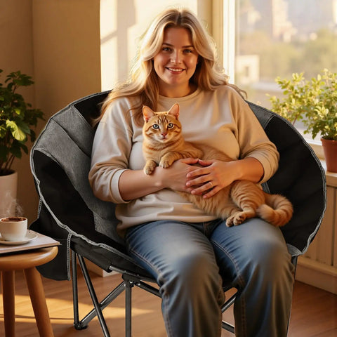Woman and cat seated on oversized moon chair, black and grey, heavy-duty steel frame, for camping and outdoors, folding padded saucer chair.