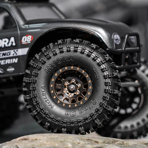 S5 1.0 Inch Cling On Tire on RC Crawler showcasing aggressive tread, size 64mm by 24mm, visible on rugged terrain