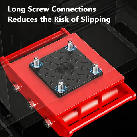 Heavy Duty Machinery Skate Dolly And Industrial Load Mover Featuring Premium PU Casters That Make Haulin Heavy Equipment Feel Like Absolute Cake Walk For Any Shop Owner, showing long screw connections preventing slipping.