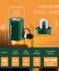 Front view of NH-2050 20-ton hydraulic ram jack with CP-180 hand pump; green steel body and gauge visible.