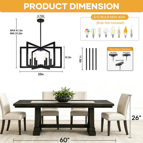 Height Adjustable Matte Black Chandelier Six Light 25 Inch Modern Industrial Dining Room Pendant Light No Sweat Setup Straight Out The Box showing dimensions over table.