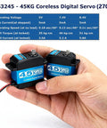Hand holding 45KG coreless digital servo with specs displayed, featuring Beefy 45KG High Torque RC Servo Coreless 8.4V Metal Gear Low Profile.