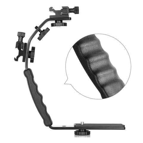 Heavy Duty DSLR L Bracket Mount With Dual Cold Shoe Mounts And Quarter Inch Tripod Thread Padded Hand Grip Video Grip