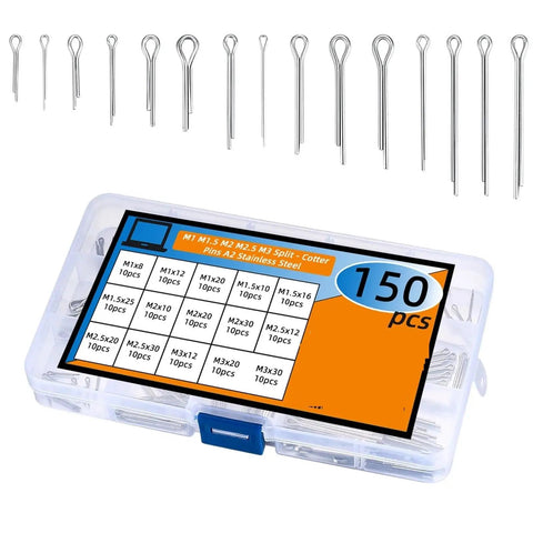 Beefy Stainless Steel Cotter Pins Assortment Kit 450 Pieces Split Pins Clip Fasteners in clear storage box with sizes displayed.