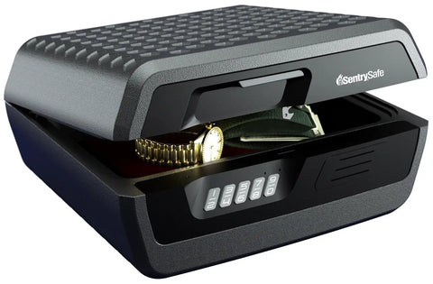 Built Tough Fireproof And Waterproof Lock Box With Digital Keypad Lock, storing a watch and documents inside.
