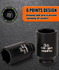 Heavy Duty Pro Grade Impact Socket Set One Half Inch Drive Deep Chromium Molybdenum 6 Point Axle Nut Sockets 30 31 32 33 34 35 36mm With Three Eighths Inch To One Half Inch Adapter And Universal Joint, showing CR-MO 36mm sockets