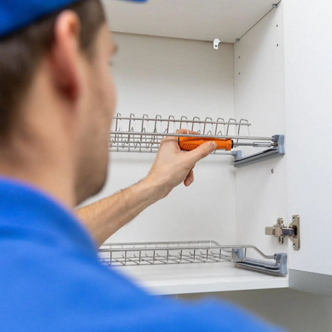 Person installing heavy duty glass brackets set with suction cups and fixing screws in a cabinet using a screwdriver.