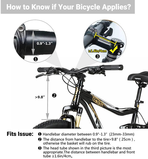 Diagram showing bicycle handlebar measurements for Front Bike Basket For Dogs With Easy Install Quick Release Handlebar Mount, Folding Detachable Carrier For Cycling, Picnics, And Errands, 11lb Capacity, 13x10x10 Frame, Fits Most Bikes With 8 Gasket Pads.