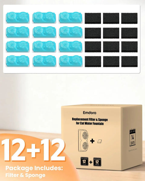 12 Pack Official Replacement Filters And Sponges For Stainless Steel Cordless Cat Water Fountain 3.2L Capacity 6 Months Supply Replacement Kit Plug And Play With Easy To Change Filters And Durable Sponges package with filters and sponges.