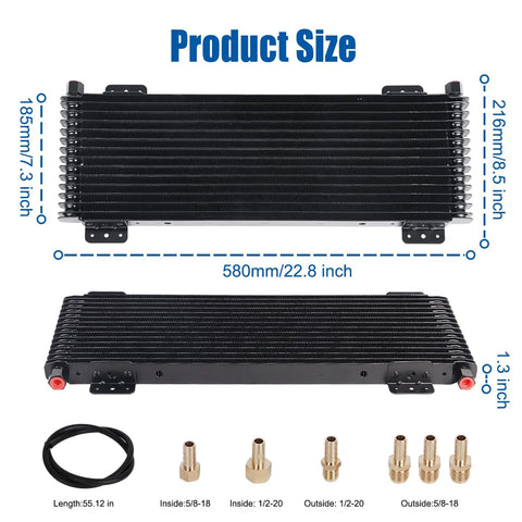 Low Pressure Drop Transmission Oil Cooler Kit Black 8.5 By 22.75 By 1.3 Inches With Mounting Hardware For Heavy Duty Rigs And Trucks Up To 40,000 GVW LPD47391 shown with fittings and dimensions