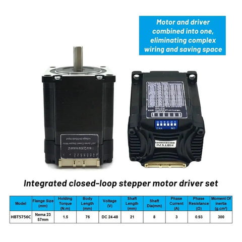 Integrated closed-loop stepper motor driver set, featuring Nema 23 motor, compact design, perfect for automation needs.