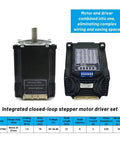 Integrated closed-loop stepper motor driver set with Nema 23 motor, 57mm flange size, and detailed specifications.