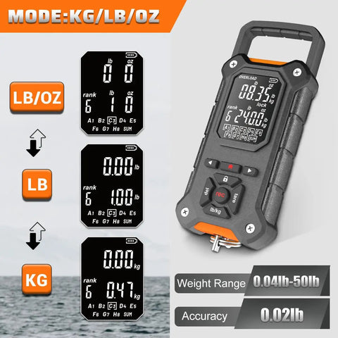 Tournament-Ready Digital Fishing Scale With Auto Rank And 8 Storage Slots, Large Backlit LCD Display showing measurements