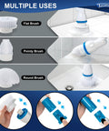 Cordless Electric Spin Scrubber With 3 Interchangeable Heads for Tub Tile Shower Cleaning shown with flat, pointy, and round brush heads.