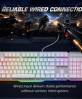 Premium Wired Mechanical Gaming Keyboard With Solid Aluminum Top Plate And Responsive Full Layout Design Built For Gamers Who Want A Tight Desktop Setup That Actually Slaps, showing RGB-lit keys and wired connection.