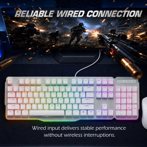 Premium Wired Mechanical Gaming Keyboard With Solid Aluminum Top Plate And Responsive Full Layout Design Built For Gamers Who Want A Tight Desktop Setup That Actually Slaps, showing RGB-lit keys and wired connection.