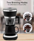 All In One Coffee Maker With Built In Grinder And Steam Pressure Technology For Bold Bean To Cup Drip with a black mug on wood.