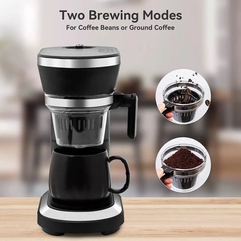 All In One Coffee Maker With Built In Grinder And Steam Pressure Technology For Bold Bean To Cup Drip with a black mug on wood.