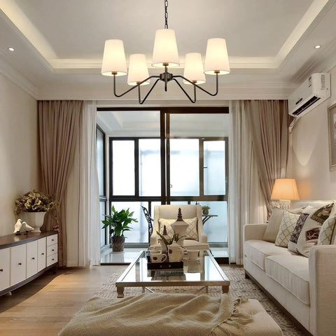 Living room with 5 Light Modern Chandelier With White Fabric Shades, Sleek Black Dope Ceiling Pendant For Dining Room Living Room Hallway And Bedroom, Adjustable Height, E12 Base Hanging Lamp, Contemporary Pendant Lighting