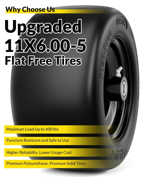 Flat Free Tire And Wheel Set For Lawn Mowers 11x6.00-5 solid front tires with text highlighting features and benefits, side view.
