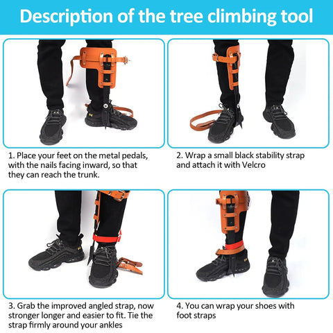 Instructional steps showing usage of All In One Tree Climbing Gear Set With Adjustable Climbing Straps Steel Core Flip Line