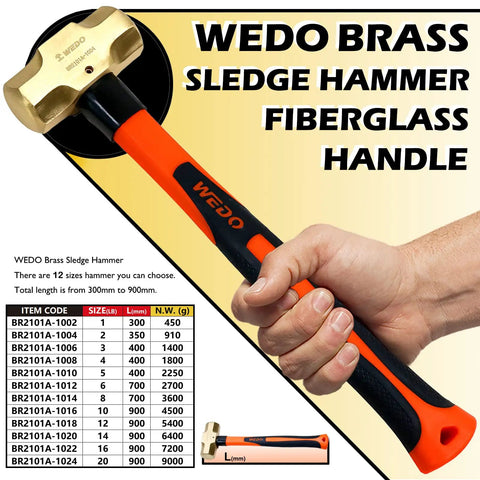Person holding Brass Sledge Hammer With Fiberglass Handle For Heavy Duty Hitters, Non Magnetic, Die Forged, corrosion-resistant