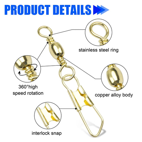 Pro Grade High Strength Barrel Swivel Snap 100 Piece Kit For Lure Connector Tackle Leader Lines Saltwater And Freshwater Angling With Solid Rings In Gold And Black Sizes 2 4 6 8 10 12 14, gold swivel snap detail