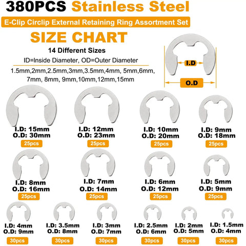 380 Pcs 304 Stainless Steel E Clip Circlip External Retaining Ring Assortment Kit With 14 Sizes Perfect For Bearings Pulleys Gears Shafts And Other Moving Parts For DIYers And Pros size chart image