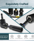 Close-up of 86-Piece Magnetic Impact Nut Driver Set showing parts, SAE and metric bits, right angle drill driver.