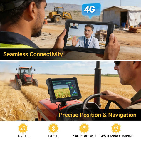 Badass Eight Inch Android 14 Rugged Tablet Packed With Zebra 4710 Barcode And QR Scanner Heavy Duty Industrial PC for seamless connectivity on a tractor.