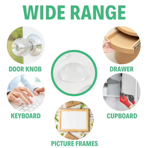Usage illustration of 100 Pack Clear Self Adhesive Cabinet Door Bumpers For Soft Close Closures on various items like door knob, drawer, etc.