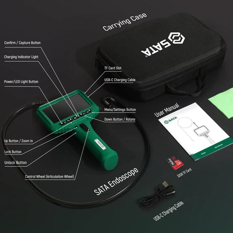 Two-Way Articulating Borescope With Light And 210 Degree Pivot Pro-Grade Snake Camera With IPS HD Display 4X Zoom 5FT Flexible Probe For Automotive HVAC Plumbing And Mechanical Inspection. Kit with carrying case, USB-C cable, manual, and 32GB TF card.