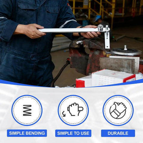 Person using Manual Rebar And Wire Bender For Steel Construction Desktop Workbench Bending Tool on workbench