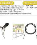 Adjustable Shifter Linkage Kit For GM Transmissions Bolts To Aftermarket Steering Columns With Slick Six Foot Stainless Cable And Tough Aluminum Mount components with hardware and cable.