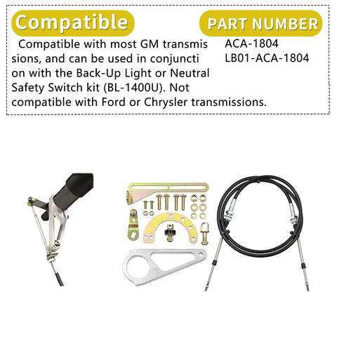 Adjustable Shifter Linkage Kit For GM Transmissions Bolts To Aftermarket Steering Columns With Slick Six Foot Stainless Cable And Tough Aluminum Mount components with hardware and cable.