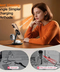 Woman using 3 In 1 Magnetic Wireless Charge Station For iPhone 17 To 12 Series, AirPods, And Watch, MagSafe Stand