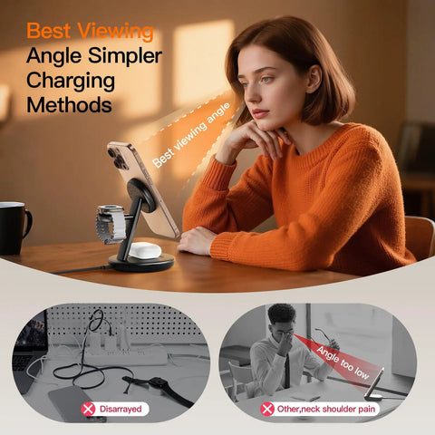 Woman using 3 In 1 Magnetic Wireless Charge Station For iPhone 17 To 12 Series, AirPods, And Watch, MagSafe Stand