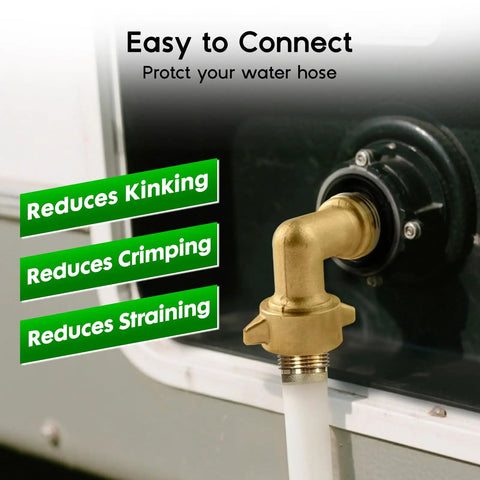 Two Pack 90 Degree Brass Hose Elbow Connector Lead Free Easy Grip Adapter For RV Water Hookups Outdoor Faucets And Garden Hoses No Kink Flow Durable Brass Construction For Long Lasting Performance, brass RV hookup